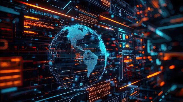 Cargo logistics business in global freight tracking concept. Futuristic digital world map with glowing data connections.