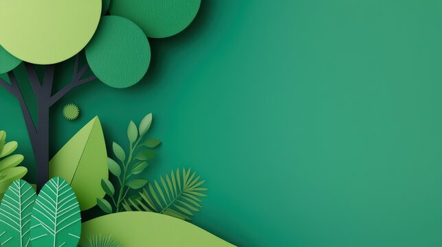 Strategic planning resources sustainability concept. Paper cut tree and leaves on a green background.
