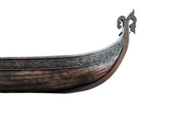 An Ancient Viking Longship, Beautifully Carved With Intricate Norse Designs, Rests On A Stark Isolated on Transparent Background, Showcasing Its Aged Wooden Hull And Ornate Prow