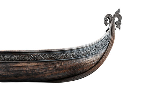 An Ancient Viking Longship, Beautifully Carved With Intricate Norse Designs, Rests On A Stark Isolated on Transparent Background, Showcasing Its Aged Wooden Hull And Ornate Prow
