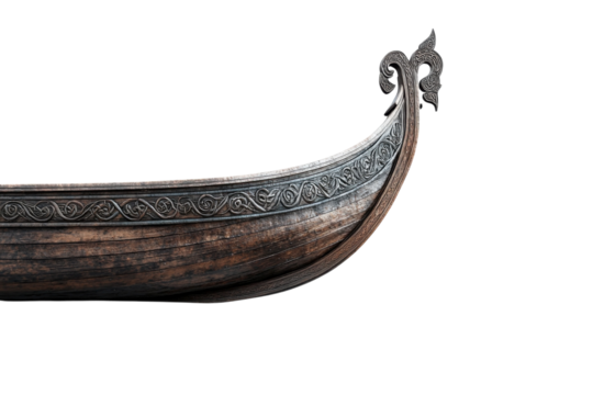 An Ancient Viking Longship, Beautifully Carved With Intricate Norse Designs, Rests On A Stark Isolated on Transparent Background, Showcasing Its Aged Wooden Hull And Ornate Prow