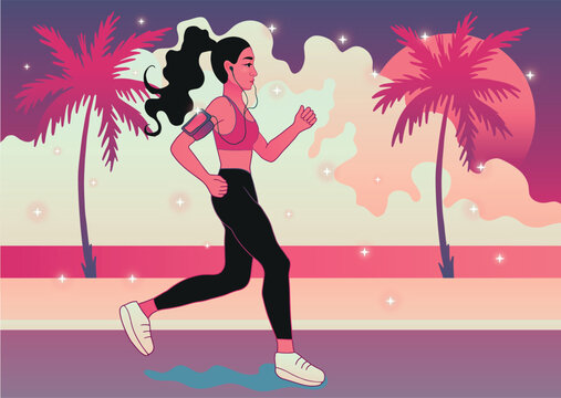 Pop Art Vaporwave: Woman Running by the Sea with Shining Stars	