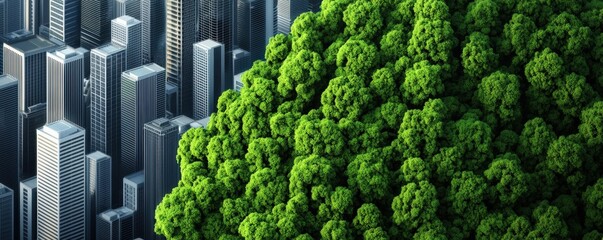 Strategic planning resources sustainability concept. Urban skyline meets lush greenery in a...