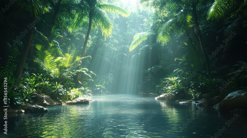 Poster scenic river flowing through a lush jungle landscape highlighting the importance of ethical hiring p