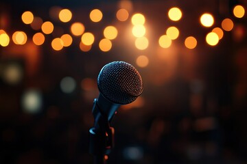 Microphone on stage with a blurred background of lights