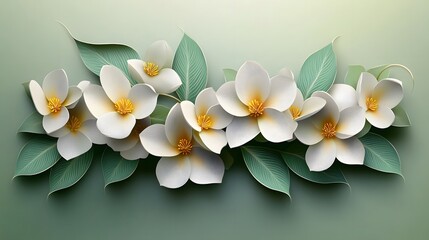 Fototapeta premium Elegant White Flowers Green Leaves Botanical Illustration