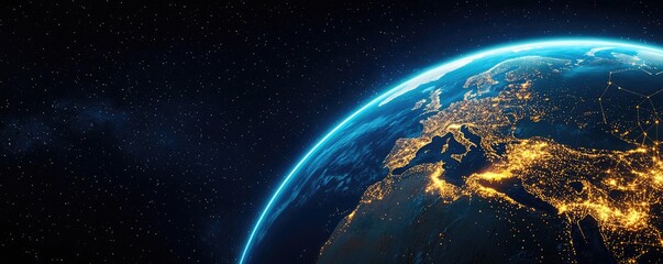Cargo logistics transportation and world map network concept. Stunning view of Earth illuminated by city lights at night.