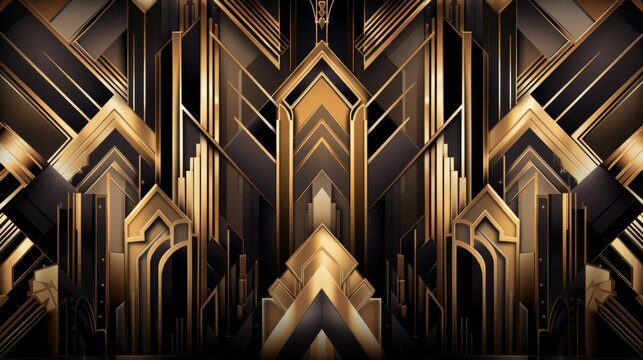Gatsby Art deco 20s style animated pattern. Gold modern early 20th century ornament builds up and appears on black background. Geometric elegant abstract with glamorous shiny lines with flare