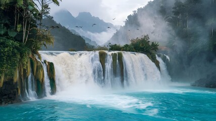 Fototapeta premium Beautiful waterfall landscape scenic nature forest mountain travel destination turquoise water paradise view