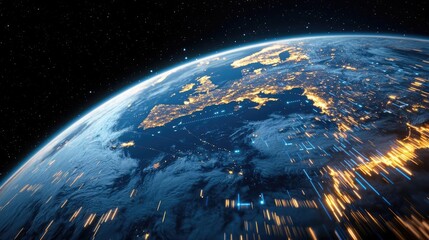 Obraz premium Cargo logistics transportation in world map business concept. A stunning view of Earth from space showcasing glowing cities.