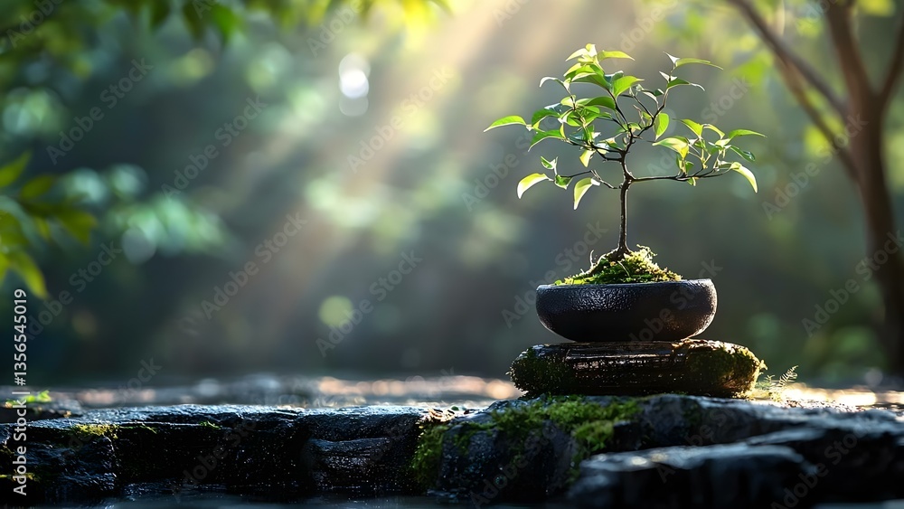 Poster a small bonsai tree situated on a stone base, surrounded by soft lighting and greenery, creating a s