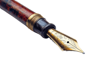 An Elegant Handcrafted Fountain Pen Poised For Inspiration, Showcasing Its Ornate Gold Nib And Rich, Marbled Barrel Against A Clean White Backdrop Isolated on Transparent Background