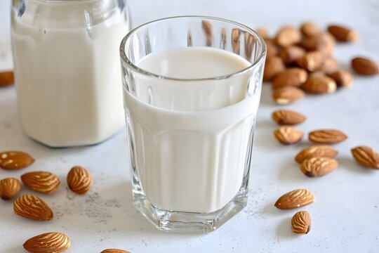 Delicious Almond Milk in Glass and Jar with Almonds - Powered by Adobe