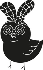 groovy easter Cute bird with bunny ears and glasses, featuring a flower accessory. in doodle flat glyph style