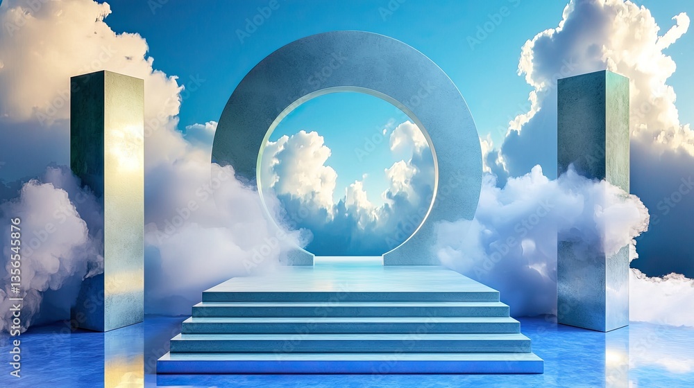 Poster 3d abstract blue background with soft clouds around circular structure, clean minimal design