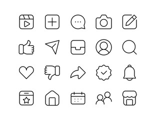 Social Media Vector Icon Set | Adjustable Line Weight | Like, comment, share, notification, profile, camera, verified, search, chat, followers, messaging, interaction, user interface icons