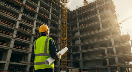 Strategic site planning with blueprints in hand, guiding the construction of a new building