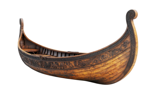 An Intricately Carved Viking Longship, A Testament To Ancient Seafaring Craftsmanship And Norse Mythology, Beautifully Rendered In Rich Wood Tones Against A Clean Isolated on Transparent Background