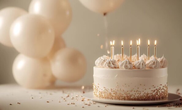 Delicious birthday cake with lit candles, fresh fruit, and colorful balloons creating a festive atmosphere	