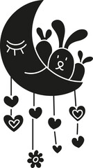 groovy easter Cute bunny resting on a crescent moon surrounded by hearts. in doodle flat glyph style