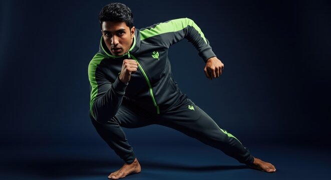 Dynamic athlete in active pose showcases modern sportswear fashion, ideal for fitness enthusiasts and training apparel modeling.