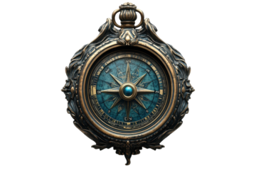 An Ornate Compass, A Guide For Adventurous Souls, Points Towards An Unknown Future, Gleaming With A Teal And Bronze Majesty Against A Stark White Backdrop Isolated on Transparent Background