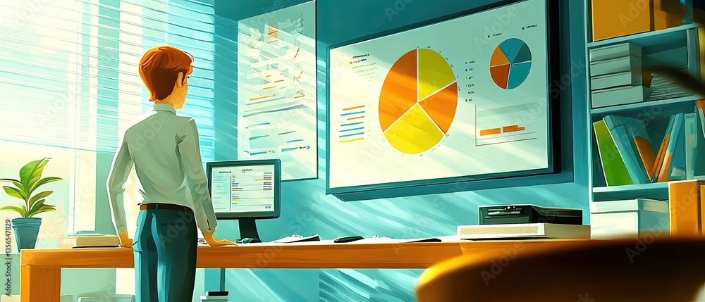 Poster branding outreach finance concepts. person analyzing data in a modern office with charts and graphs 