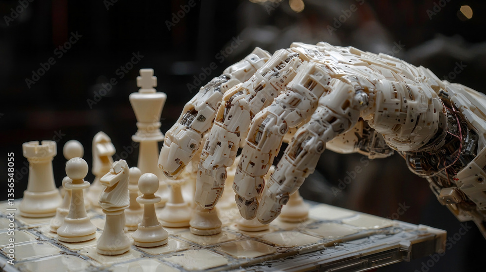 Aufkleber an intricate robotic hand gracefully navigates a chessboard during an intense match. the dimly lit g