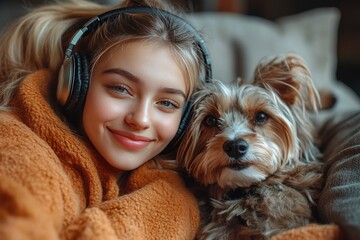 Student lying on the couch, listening to music with headphones, petting a pet. Generative AI