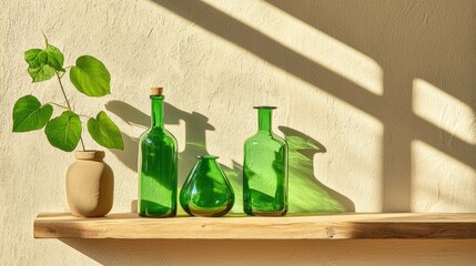 A charming rustic wooden shelf featuring green glassware and a leafy plant in a soft-lit ambiance.