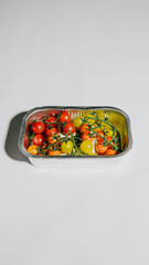 A tray of fruit is on a white background. The tray contains a variety of fruits, including tomatoes, grapes, and oranges. The fruits are arranged in a way that makes them look fresh and appetizing
