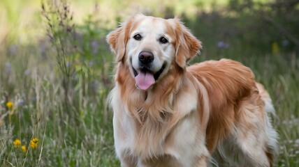 Obraz premium Golden retriever dog pet animal canine happy cute portrait outdoors field nature grass mammal breed