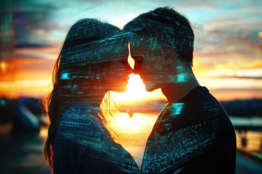 Romantic sunset moment between couple with digital overlay in cityscape