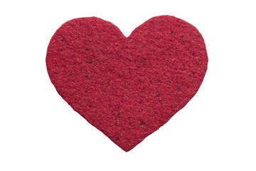 Obraz premium Red felt heart on black background highlighting texture and craftsmanship, cut out
