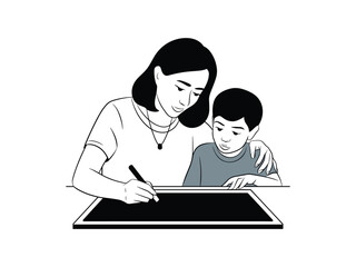 Fototapeta premium Homeschool Mom Silhouette: Mother's Day Reading & Learning Art Vector