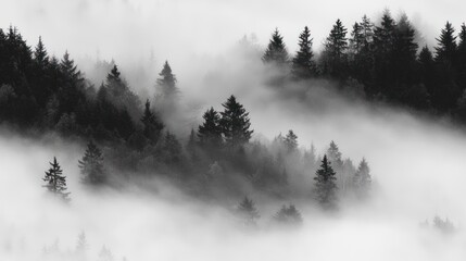 Misty Forest Landscape with Tall Trees and Fog in Black and White