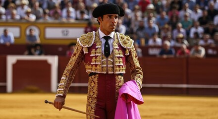 Traditional Matador Performance in a Bullfighting Arena, with Classic Attire and Capote on Display in Cultural Event