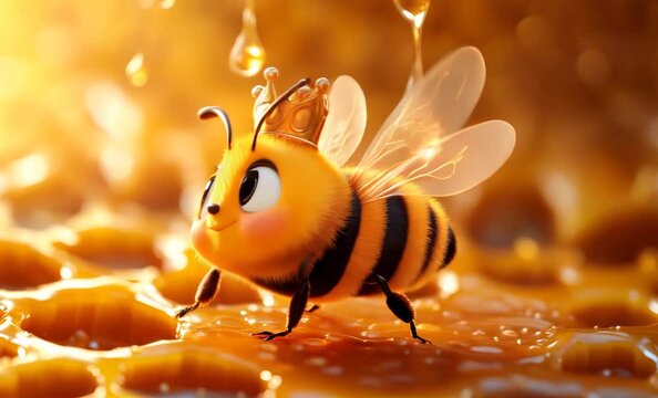 Cute queen bee wearing golden crown standing on honeycomb with dripping honey in a sunny day	