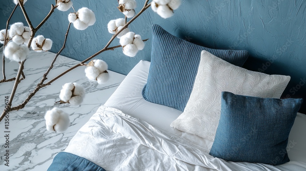 Poster a serene bedroom is adorned with soft pillows in various textures and hues, complemented by elegant 