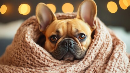 Obraz premium French bulldog wrapped in cozy knitted blanket surrounded by soft warm lights in a relaxed indoor setting