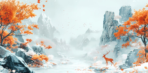 Oriental Deer in a Serene Landscape: An evocative landscape of oriental artistic style featuring a majestic deer stands amidst snow-capped mountains, tranquil waters, and vibrant orange foliage.