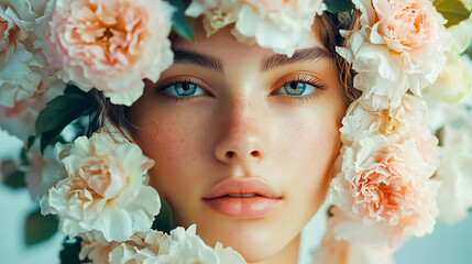 Obraz premium Floral spring concept of fresh flowers on the face, body and elegant fashion, romantic dress of a young beautiful attractive girl. Abstract portrait