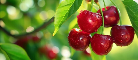 fresh, healthy and ripe red cherries hanging on a branch
