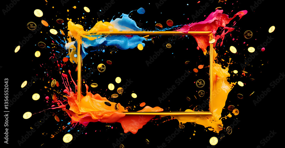 Poster vibrant frame splash: an artistic square frame bursts with dynamic colorful splashes of paint on a b