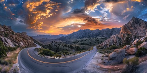 A curvy road winds through the rocky mountains in sunset