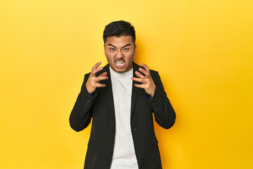 Asian man in black business jacket on yellow studio upset screaming with tense hands.