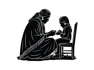 Native American Mother Silhouette Vector: Tribal Mom & Child Art