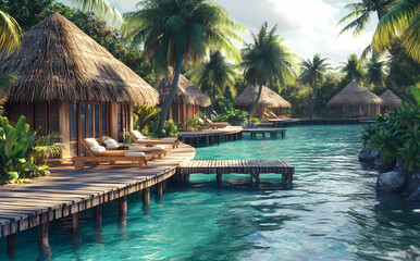 Tropical Paradise: A captivating view of luxurious bungalows with thatched roofs, offering a serene escape, situated by a tranquil turquoise water, palm trees provide shade.