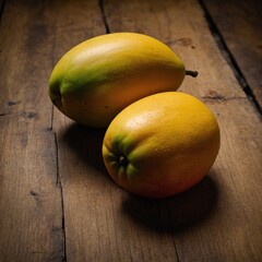 A plump, ripe mango with a reddish blush and yellow skin, lying on a wooden cutting board with detailed texture and lighting.



