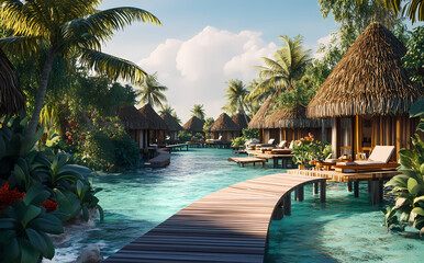 Obraz premium Tropical Oasis: Turquoise Waters and Bungalows: A serene paradise unfolds, showcasing a collection of thatched-roof bungalows perched over shimmering turquoise waters, surrounded by lush greenery.